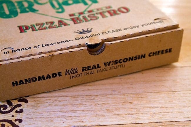 close up of Oregano's Pizza box