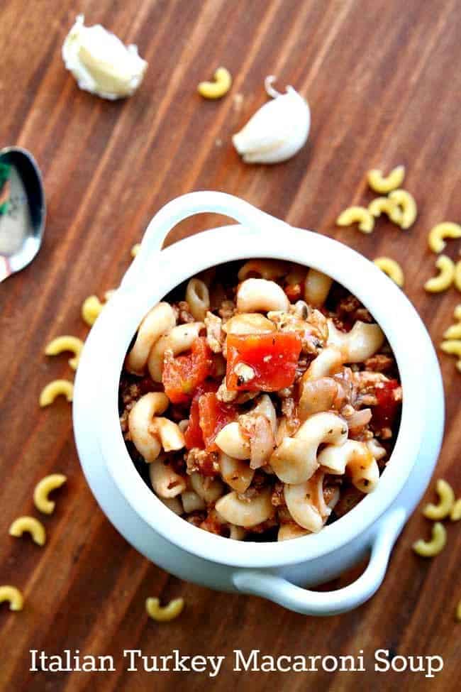 Top down shot of Italian Turkey Macaroni Soup in a white bowl