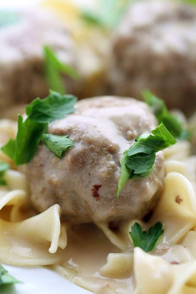 Close up of Turkey Swedish Meatball garnished with parsley leaves