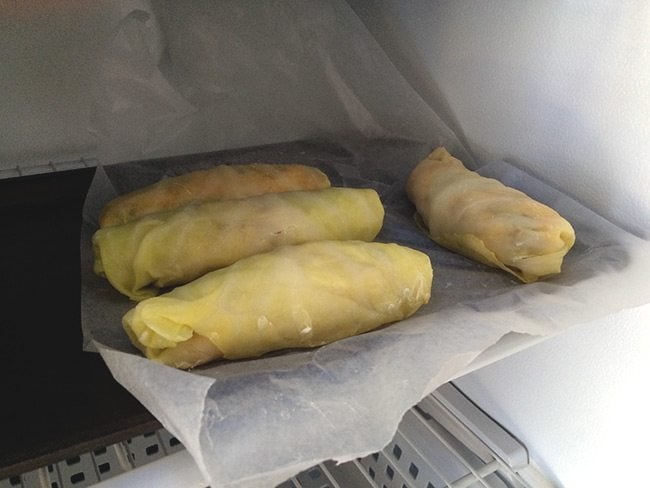 close up of four pieces cabbage rolls in the tray of freezer