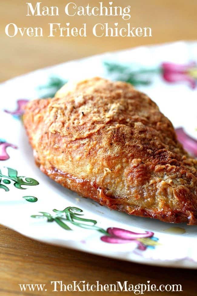 Crispy Oven Baked Fried Chicken Breast on a white plate with floral design