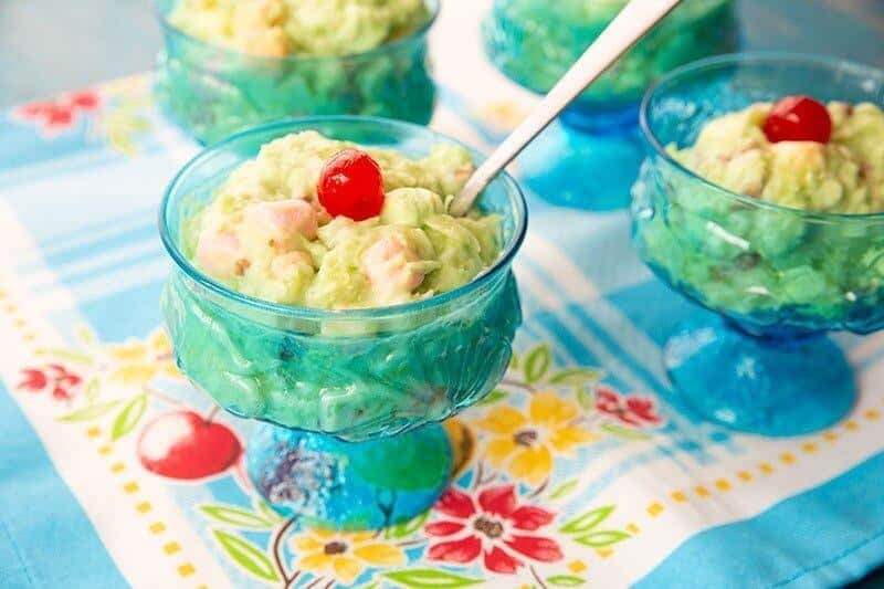 Watergate Salad in Vintage Turquoise Sorbet Glasses topped with cherry
