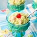 close up of Watergate Salad in Vintage Turquoise Sorbet Glasses