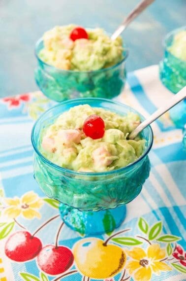close up of Watergate Salad in Vintage Turquoise Sorbet Glasses