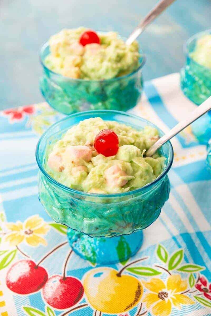 close up of Watergate Salad in Vintage Turquoise Sorbet Glasses