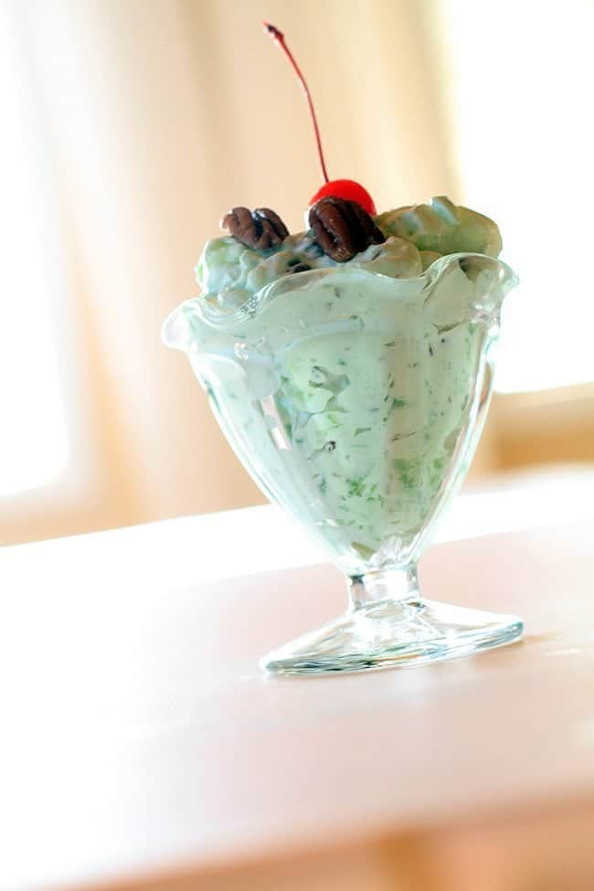 close up of Watergate salad in a clear parfait glass