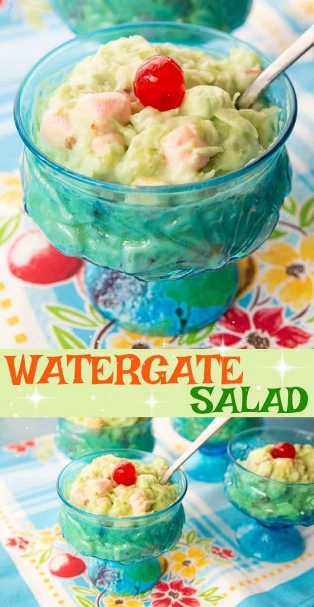 Watergate Salad, pistachio pudding fluff, that green stuff, no matter what you call it, this classic dessert is a year round favourite! If you love pistachio pudding this is the dessert for you! #watergate #dessert #pistachio #pudding #recipe #recipes #picnic #bbq # #marshmallows #pineapple 