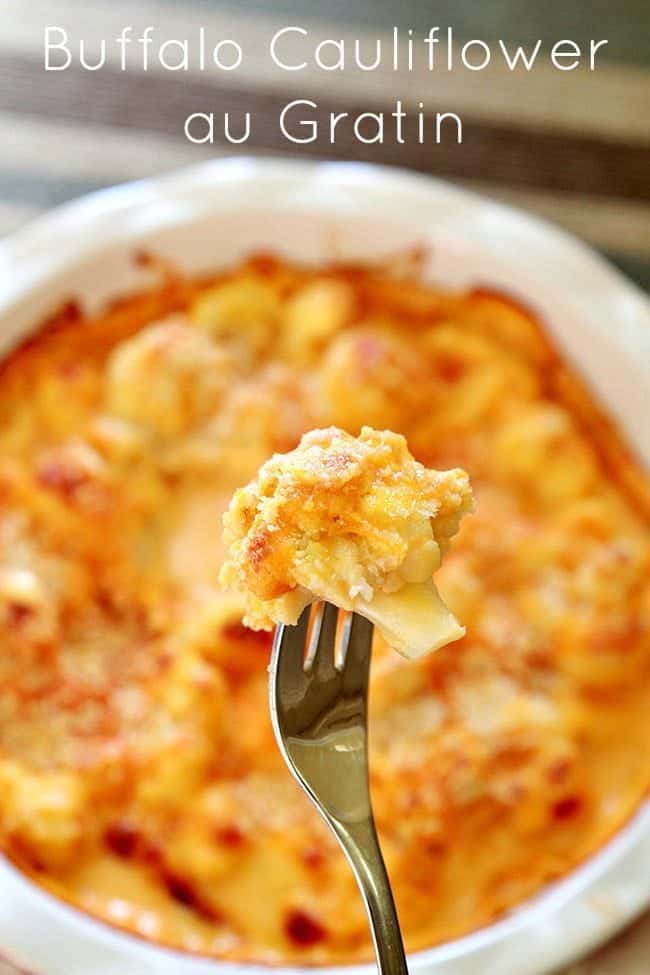 Close up of Buffalo Cauliflower au Gratin piece in a Fork