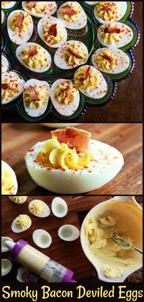 Retrolicious deviled eggs with a smoky bacon taste! This classic snack has been made ten times better with bacon and smoked paprika! #eggs #deviled #bacon 