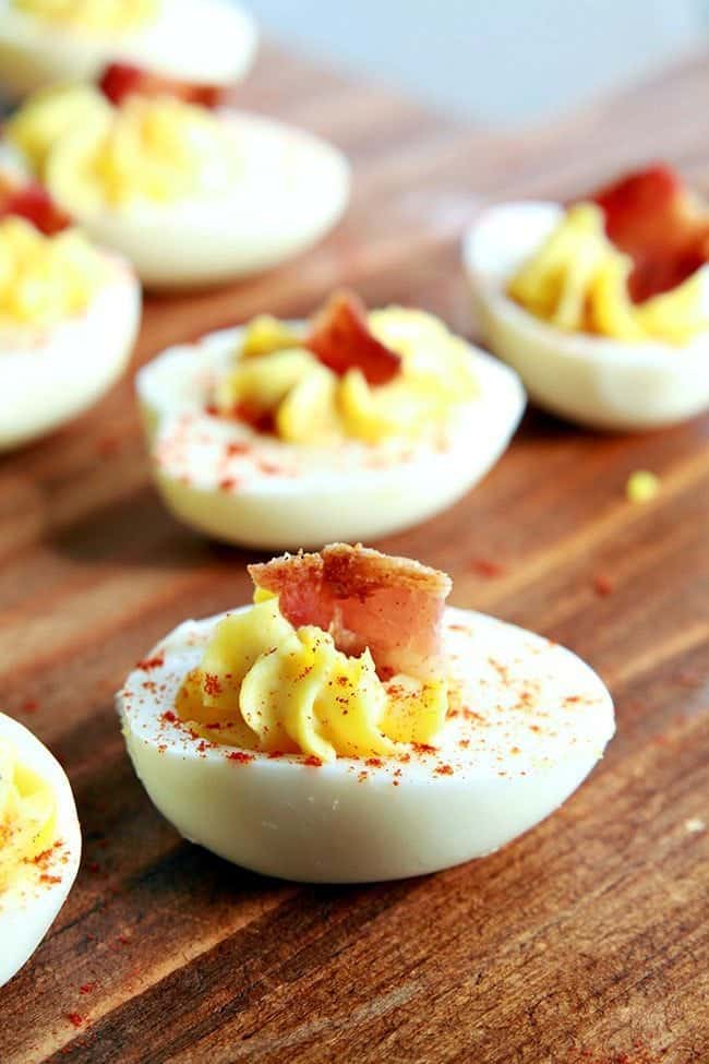 close up Bacon Deviled Eggs with smoked paprika