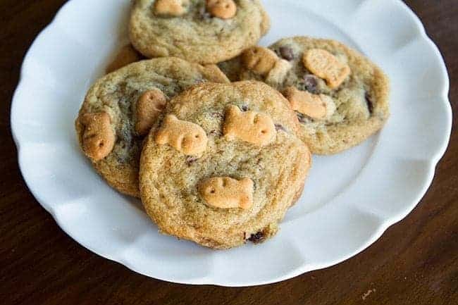 close up of goldfish Crackers Chocolate Chip Cookies in a white plate