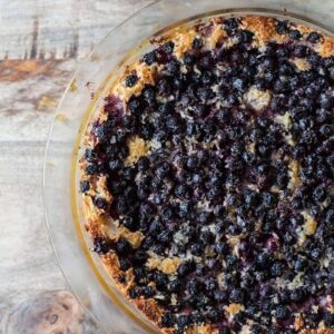 close up of Impossible Pie with Saskatoon Berries in a Pyrex pie dish on wood background