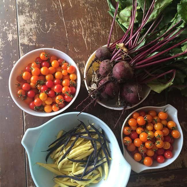 Garden vegetables in a Pyrex bowls for making Creamy Yellow Bean & Potato Soup