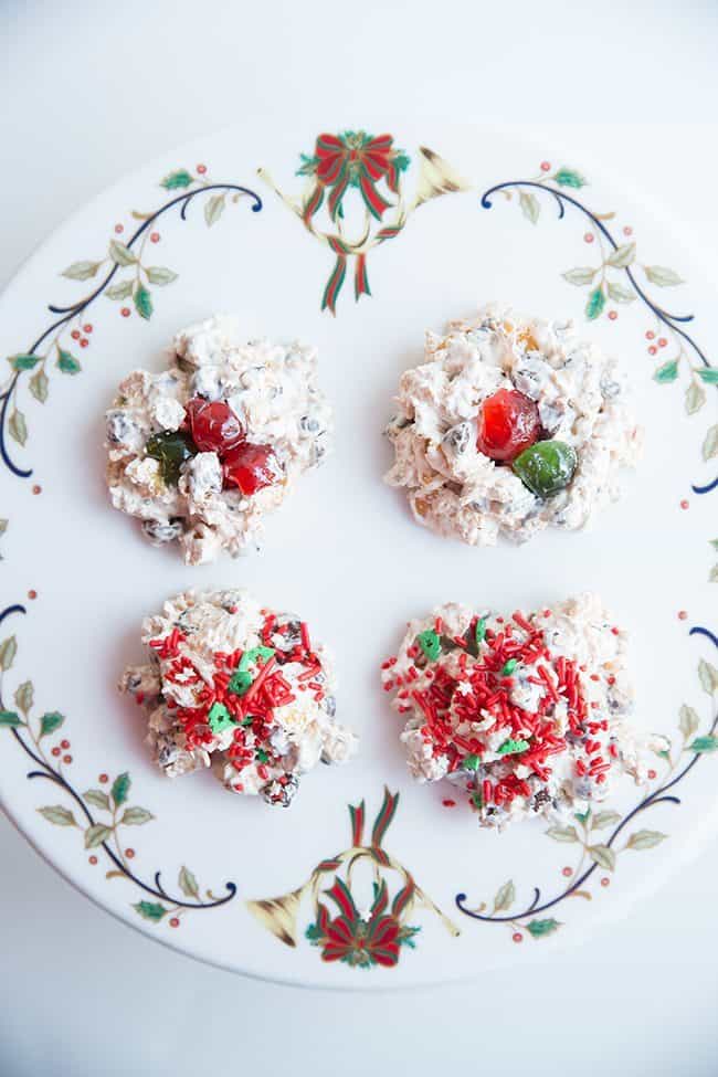 close up Chocolate Corn Flake Meringues in a white background with Christmas ribbon design