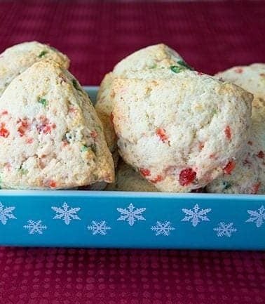 Christmas Cherry Scones in a blue snowflake Pyrex tray