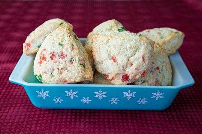 Christmas Cherry Scones in a blue serving tray