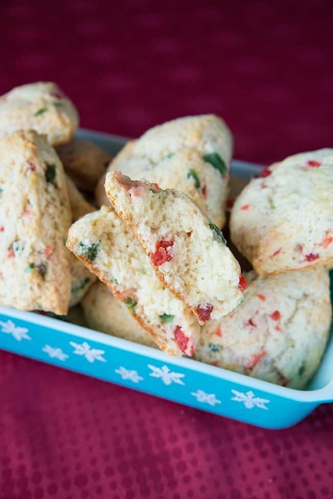 close up Christmas Cherry Scones in a blue snowflake Pyrex tray 