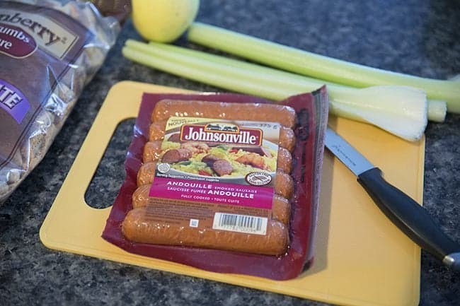 a pack of Johnsonville Sausage for Apple Sausage Crockpot Stuffing