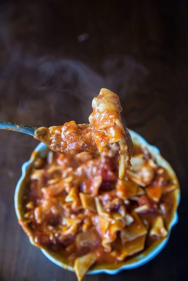 close up of Italian Sausage Lasagna Soup ready to be enjoy!