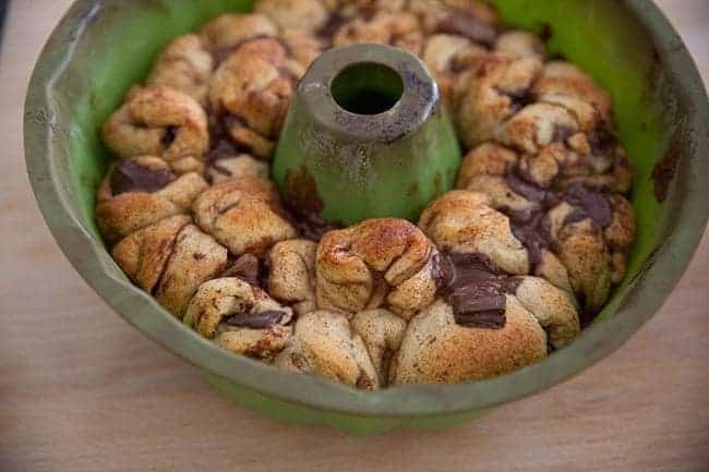 Chocolate Stuffed Monkey Bread in a cake pan
