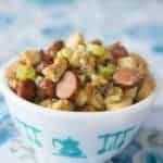 close up Apple Sausage Crockpot Stuffing in a white bowl