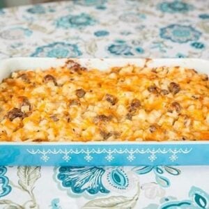 Cheesy Mushroom & Sausage Breakfast Casserole in Blue Pyrex Baking dish