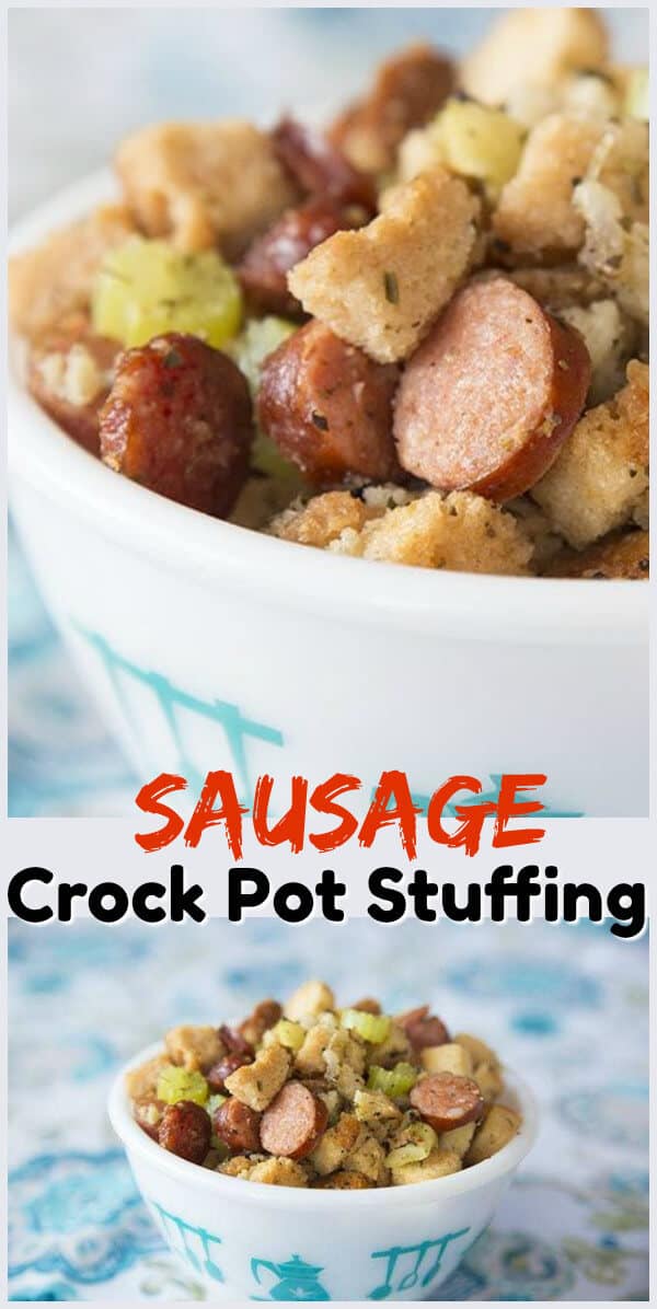This delicious and easy Apple and Sausage Crock Pot Stuffing is perfect for your holiday meal or Sunday dinner! #crockpot #stuffing #dressing #slowcooker #christmas #thanksgiving 