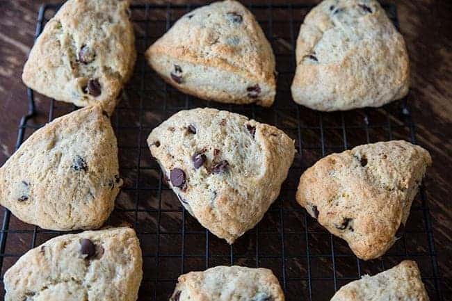 Chocolate Chip Banana Bread Scones on a black cooling rack