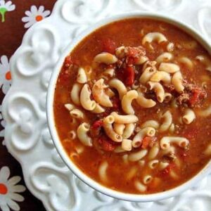 close up of Classic Beef & Tomato Macaroni Soup ready to be enjoy!