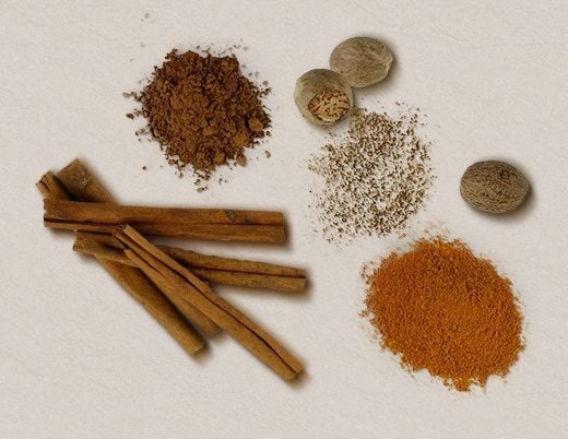 turmeric powder, cocoa powder, cinnamon sticks and nutmeg