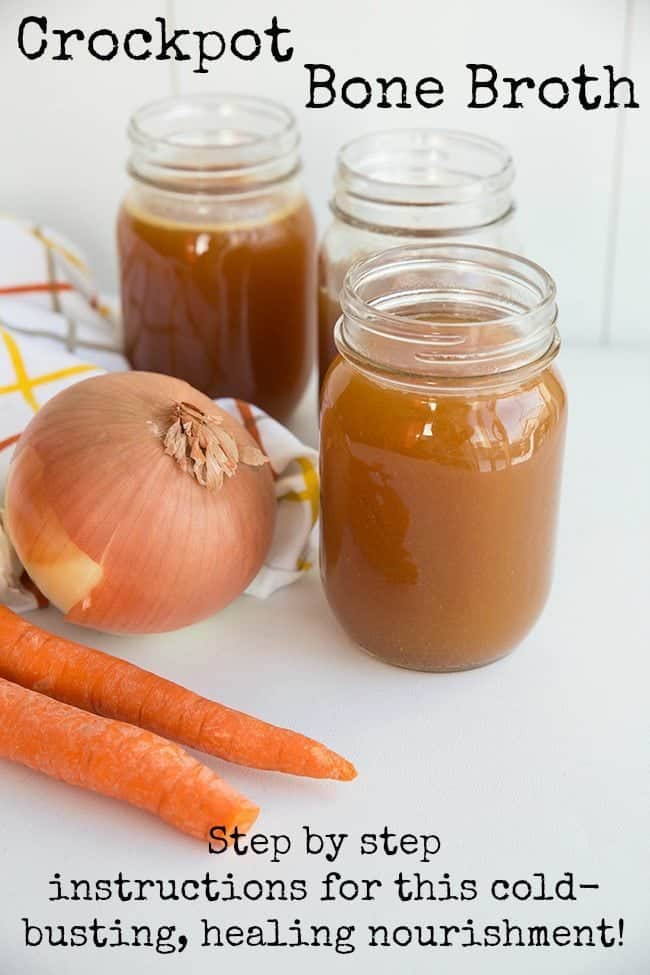 Delicious and healthy bone broth is full of nutrition to help you battle your cold, flu, stomach bug...really, it's pretty fabulous for everything! #crockpot #slowcooker #bonebroth #paleo #healthy