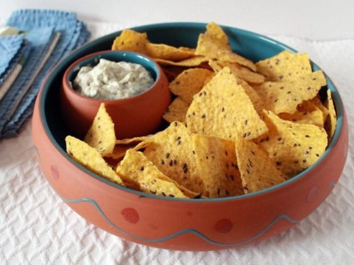 Vintage bowl with tacos and dipping dish with Super Dill Dip
