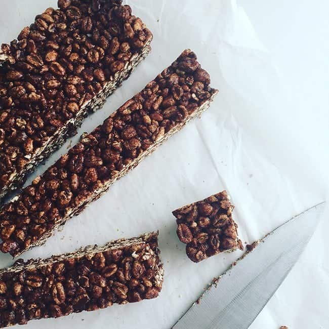 Chewy Chocolate Puffed Wheat Bars on White Background