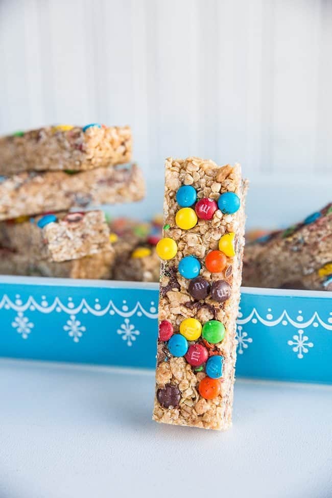 Close up of Homemade Granola Bar Slice with Colorful M&M's