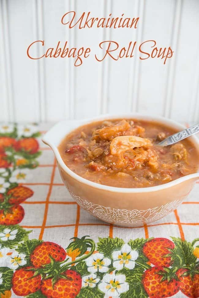 Ukrainian Cabbage Roll Soup in a Woodland pattern Pyrex bowl