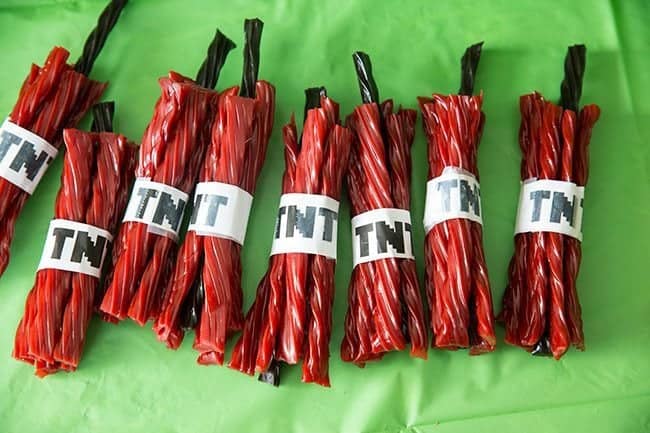 licorice TNT - red licorice sticks wrapped with print out labels TNT