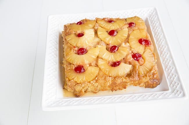 Pineapple Upside Down Bread Pudding on white background