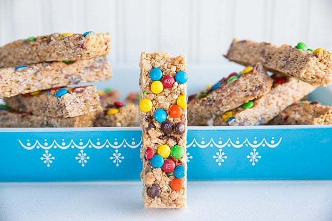 Close up of Homemade Granola Bar Slices with Colorful M&M's