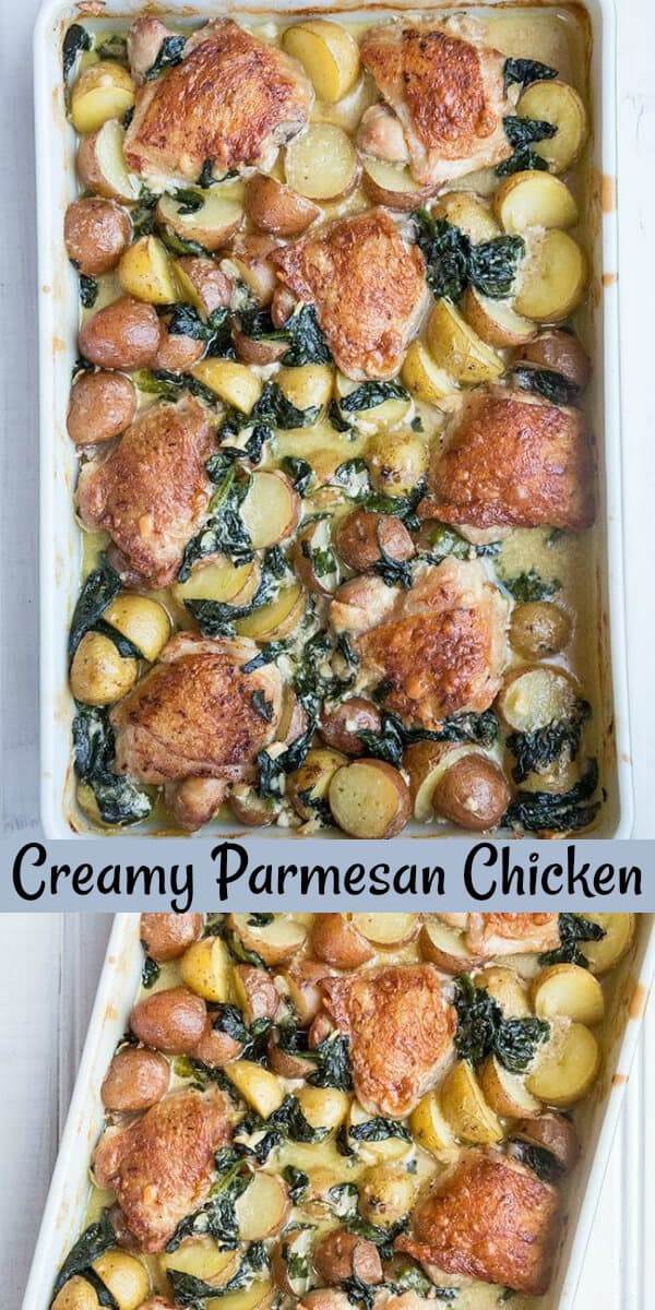 Easy and fast Creamy Garlic Parmesan Chicken & Potatoes, a one-dish wonder for dinner! #parmesan #chicken #garlic #potatoes #chickenthighs