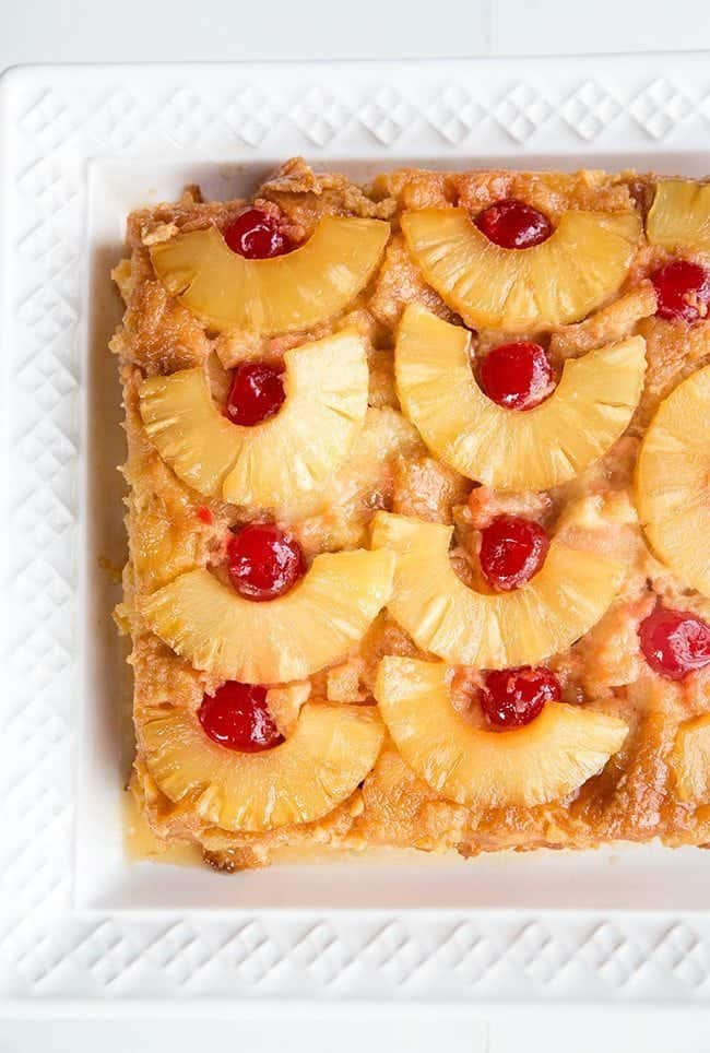 close up of Pineapple Upside Down Bread Pudding