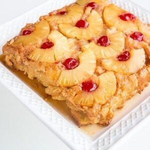 Pineapple Upside Down Bread Pudding on white background