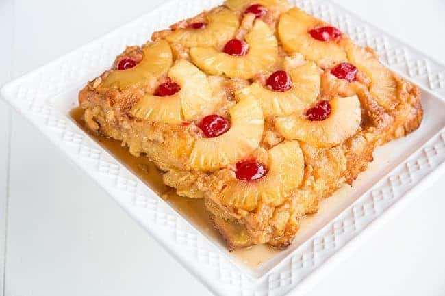 Pineapple Upside Down Bread Pudding on white background
