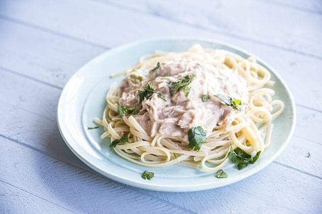 Bacon Mushroom Ranch Chicken and Pasta in a White Plate