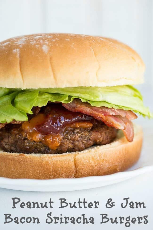 Peanut Butter & Jam Bacon Sriracha Hamburger in white plate and background