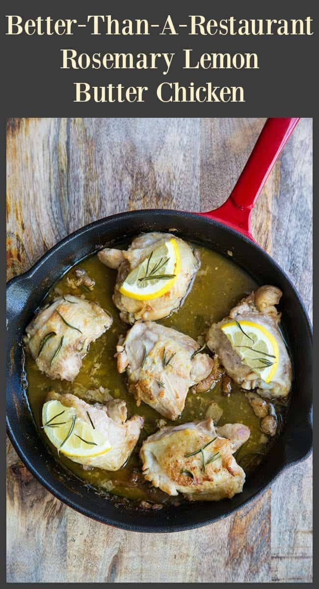 A little butter, chicken stock, white wine, lemon and rosemary combine to make the best oven baked chicken thighs you are ever going to eat! #chickenthighs #dinner
