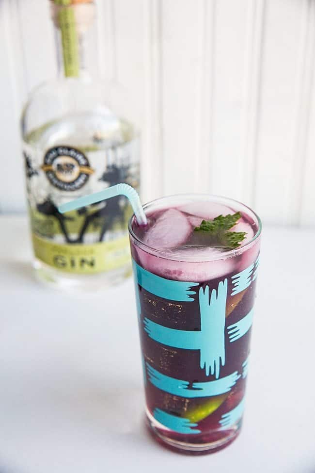 close up of Tall cocktail glass with Blueberry Mint Gin Fizz and a bottle of Eau Claire Distillery on the background