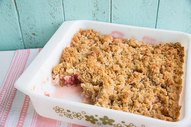 Coconut Rhubarb Crunch in Pyrex Spring Blossom Baking Dish