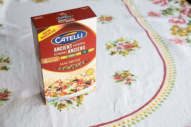 a box of Catelli Ancient Grains macaroni for Retro Tuna Macaroni Salad