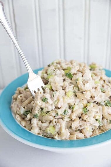 Retro Tuna Macaroni Salad in a blue Pyrex Bowl