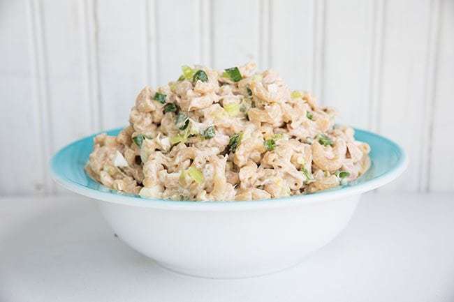 Retro Tuna Macaroni Salad in a white bowl on white background
